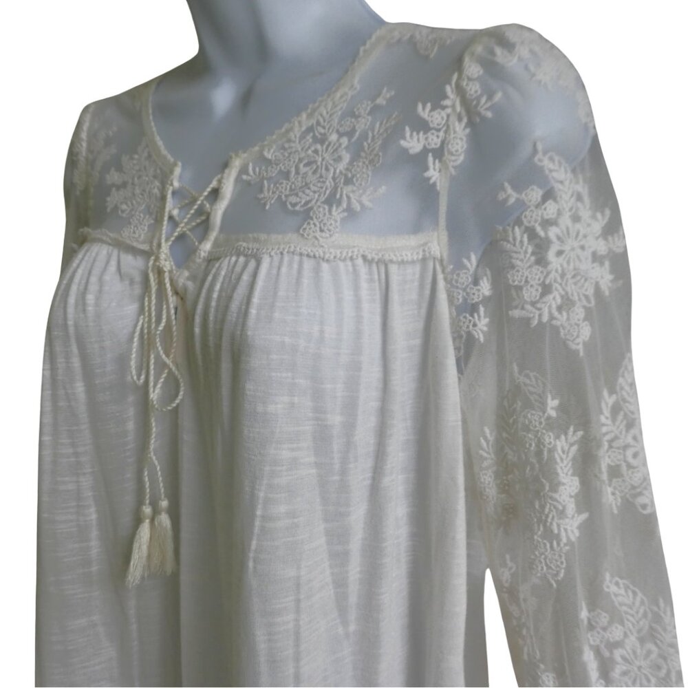 Ralph Lauren Denim Supply Ivory Blouse Lace Up Tie Tassel Sheer Lace Sleeves XS
